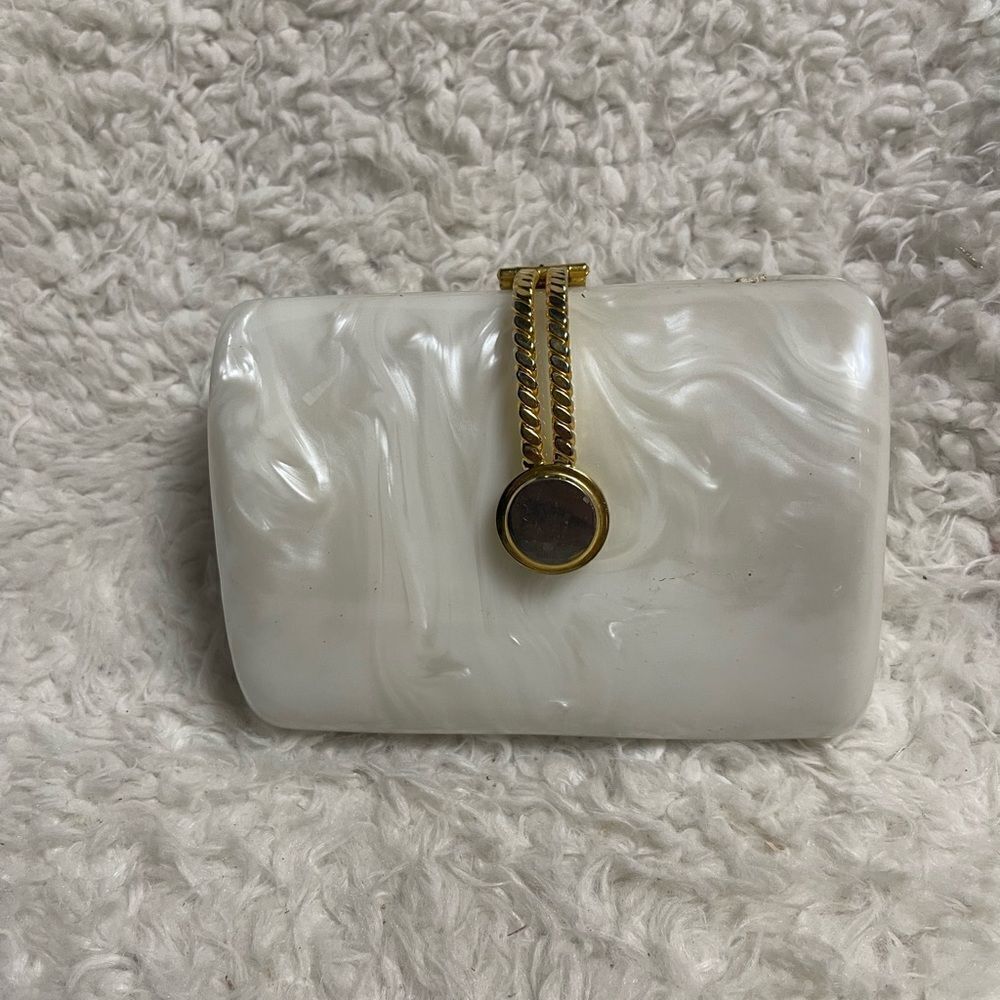 Elka acrylic pearlescent evening clutch crossbody bag gold tone snap latch.